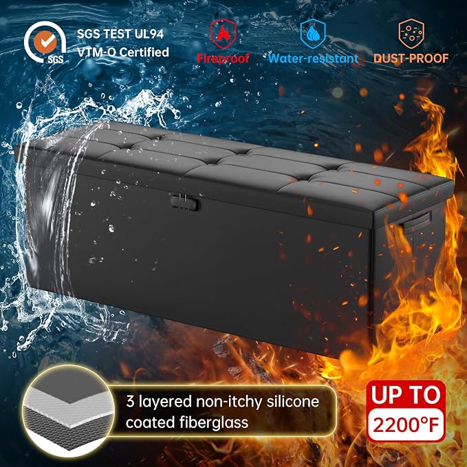 DocSafe Storage Ottoman Bench,Fireproof＆Waterproof Folding Bench with Lock(15”x 43”x15”),Leather Storage Chest with Handles＆2 Extra Boxes,Ottoman Safe for Bedroom,Living Room,Home Office,Black