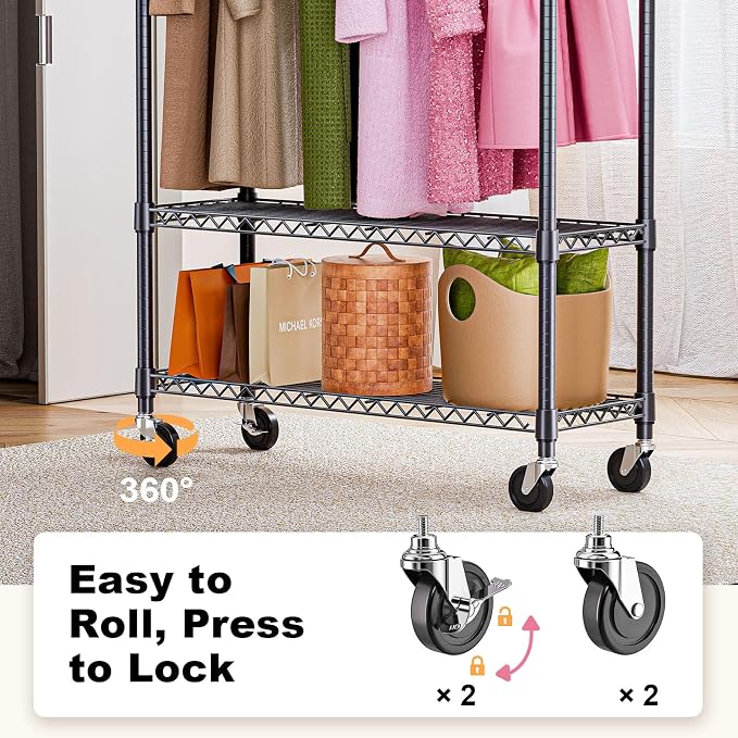 M MZG Heavy Duty Rolling Garment Rack 3 Tiers Adjustable Wire Shelving Clothes Rack with 1 Rods and Side Hooks,Storage Closet Clothing Rack with Wheels Black 15.7" D x 45.3" W x 75.6" H