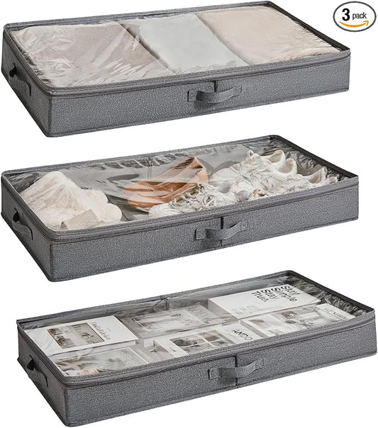 Berdeng 3 Pack Under Bed Storage Containers, Low Profile Underbed Shoes and Clothes Storage Organizer with Sturdy Sidewalls/Bottom, Large Dorm Storage Bins,33 * 17 * 4.5 inches,45L