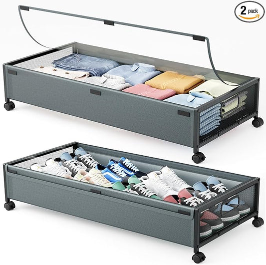Under Bed Storage Containers with Wheels 2 Pack Underbed Shoe Storage Bedroom Storage Bins Organizer Large Capacity Under Bed Storage with Lid for Clothes Shoes Toys Blankets (Cyan-gray)