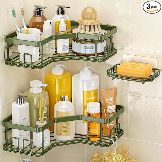 MAXIFFE 3 Pack X-Large Corner Shower Caddy with Soap Holder, Large Capacity Sturdy Easy Install No Drilling Stainless Steel Hold 40 LB Shower Organizer Shelves Rack for Family Renters Bathroom, Green