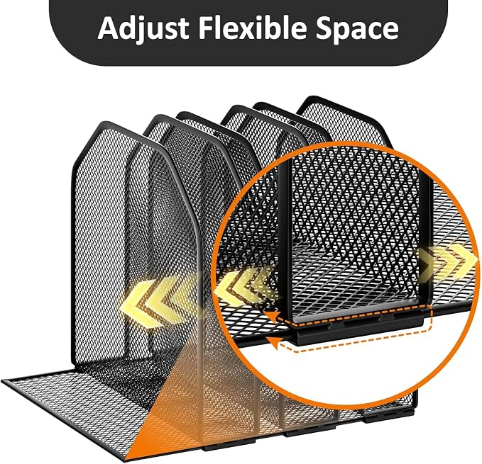 Desk File Organizer, Adjustable 5 Sections Upright Desktop File Sorter | Sturdy, Metal, Mesh, Vertical, Bookshelf, File Holder, Workspace Accessories, for Home,School,Office Classroom,Black