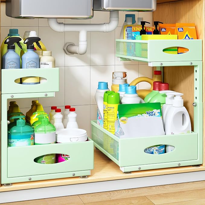 Under Sink Organizer, 2 Pack 2 Tier Pull Out Under Cabinet Organizer Shelf with Pad for Framed Cabinets, Metal Slide Out Under Sink Storage, Mesh Sliding Drawers for Kitchen Bathroom Laundry, Green