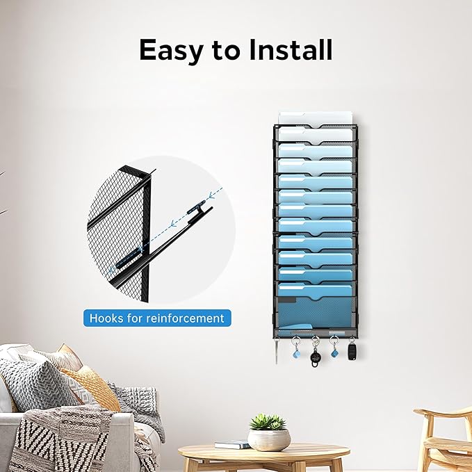 SUPEASY 13-Tier Wall File Organizer, Wall File Holder with Hooks, Mesh Hanging File Organizer, Mail Organizer Wall Mounted for Papers, Folders, Office Magazine Rack, Assembly Needed, Black | Mesh Wall File Holder, Mail Organizer Wall Mounted for Papers...