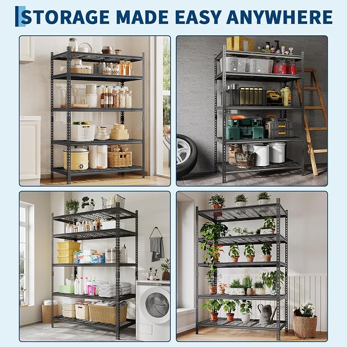 Garvee 5 Tier Metal Storage Shelving Unit 36" W Adjustable Garage Shelving | Heavy Duty Garage Shelving 2200 LBS Storage Shelves for Garage Kitchen Pantry Warehouse Basement 36" W × 16" D × 72" H