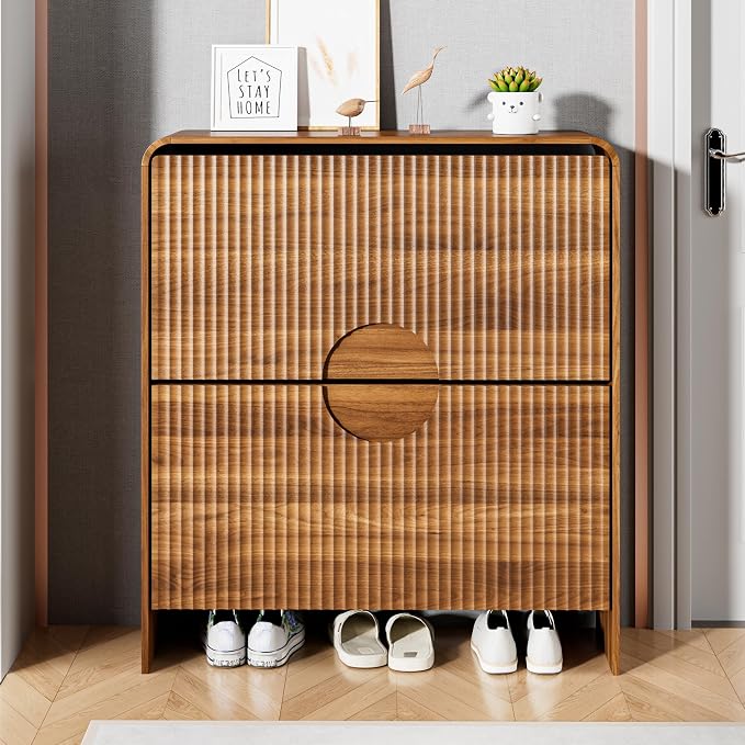 Narrow Shoe Cabinet with Entry Way, Slim Shoe Storage Cabinet for 2 Tier Doors, No Shelf, Fluted Hidden Shoe Rack Organizer for Entrance, Entry Way, Foyer, Walnut Small