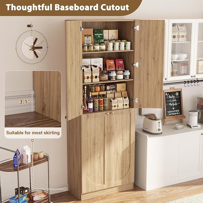 Cyclysio 80" Storage Cabinet, Tall Arched Bookcase with 4 Soft Close Doors, 6-Tier Wooden Pantry with Adjustable Shelves, Seamless Fit Wall for Home Office, Living Room, Kitchen (Natural)