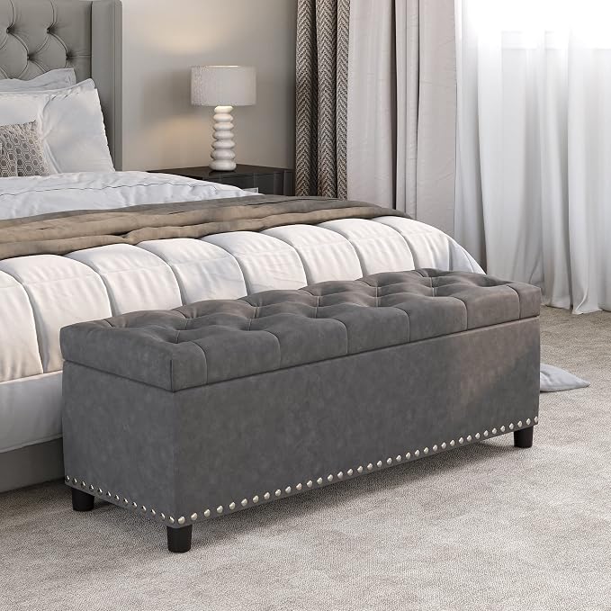 BELLEZE Storage Ottoman, Tufted Ottoman with Close Hinge, Foot Rest for Living Room (Rustic Gray, 47 inch)