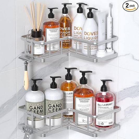 YASONIC Corner Shower Caddy Adhesive, 100% Rustproof Shower Organizer, No Drill Shower Shelf for Inside Shower, Wall-Mounted Shower Storage for Homes (2 Pack, Silver)
