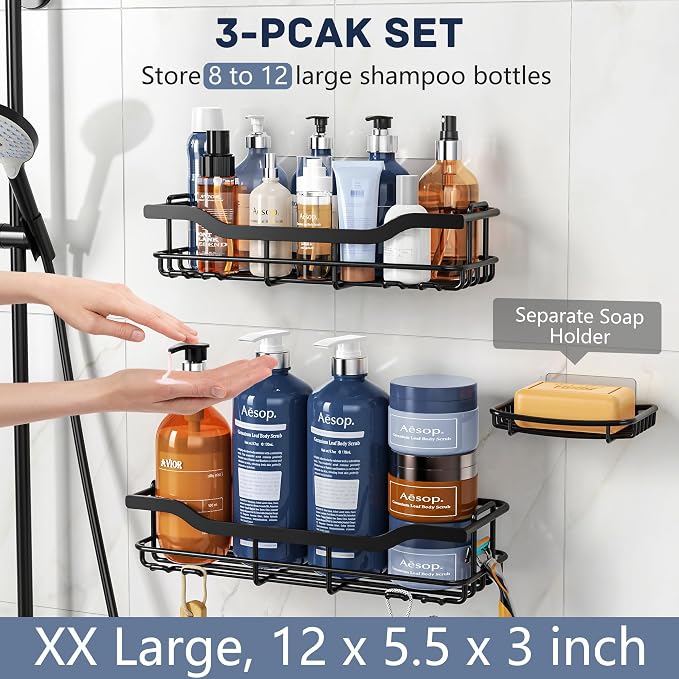 OMAIRA 3-Pack Shower Caddy with Soap Holder, Adhesive Rustproof No-drill Strudy Loading Inside Shower Organizer Shelves Rack Storage Bathroom Organization for Smooth Wall Glass Tile, Black (XX-Large)