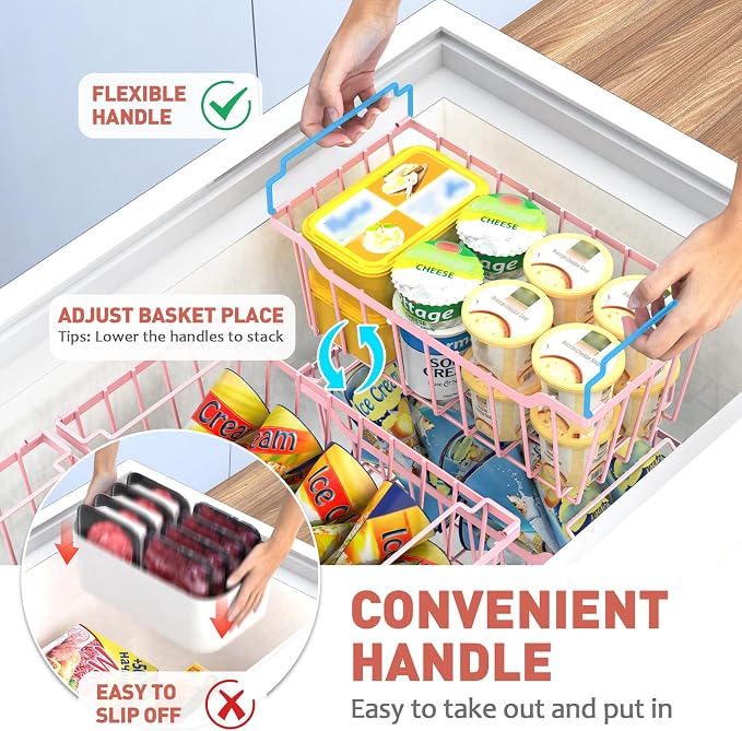 Goovilla Freezer Organizer Bins for 5-7 Cu.FT Chest Freezer, 4 Pack Pink | Foldable Handle Stackable Freezer Baskets, Coated Metal Freezer Storage Bins with Better Space Utilization, Deep Organization