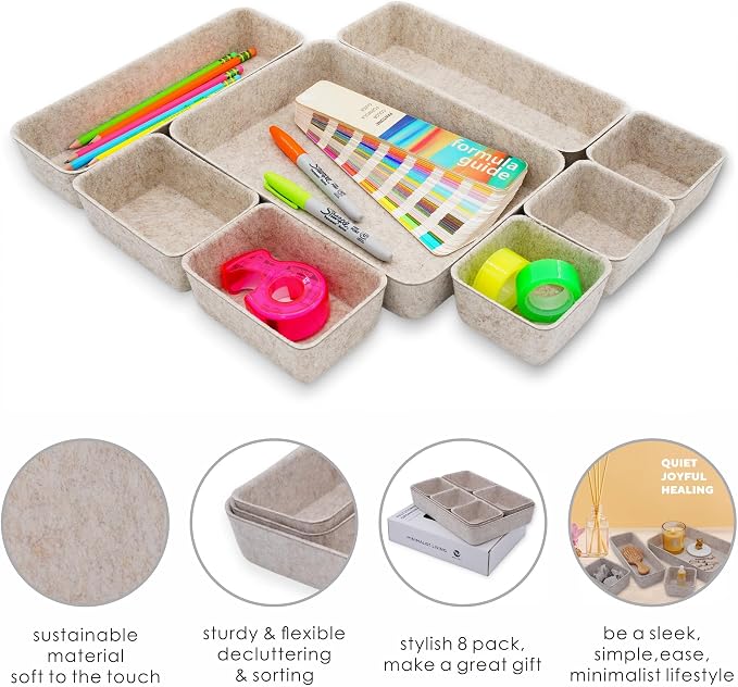 Welaxy 8pc Nordic Felt Desk Drawer Organizer Tray Beige Oatmeal Storage Bin | Sustainable material soft yet sturdy,multi-purpose storage, sleek minimalist lifestyle
