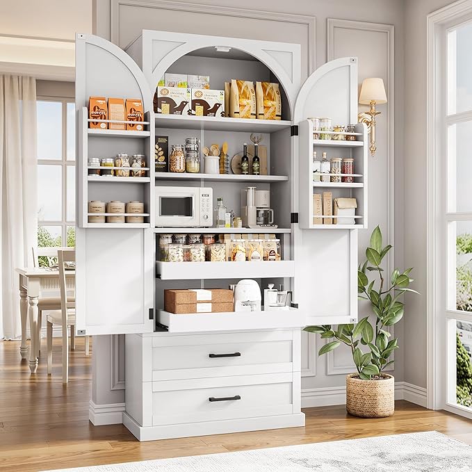iPormis 71" Tall Kitchen Pantry Storage Cabinet w/Door and Adjustable Shelf & Large Drawers, Freestanding Kitchen Cupboard for Dining Room/Living Room, White