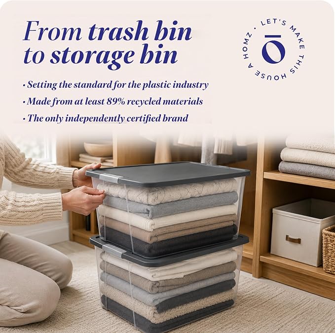 HOMZ Clear Plastic Storage Bin with Secure Latching Gray Lid, 64 Qt, 2 Pack | Heavy-Duty Stackable Containers, Large Organizer Box for Homes, Offices, and Garages
