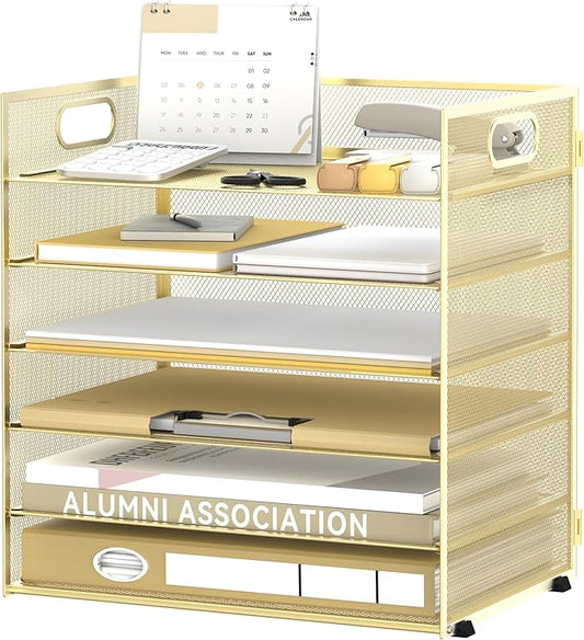 Daltack 6-Tier Paper Organizer for Desk with Handle, Gold | Sturdy Metal Mesh Organizer with Movable Middle Trays and a Carry Handle for Papers, Folders and Office Supplies