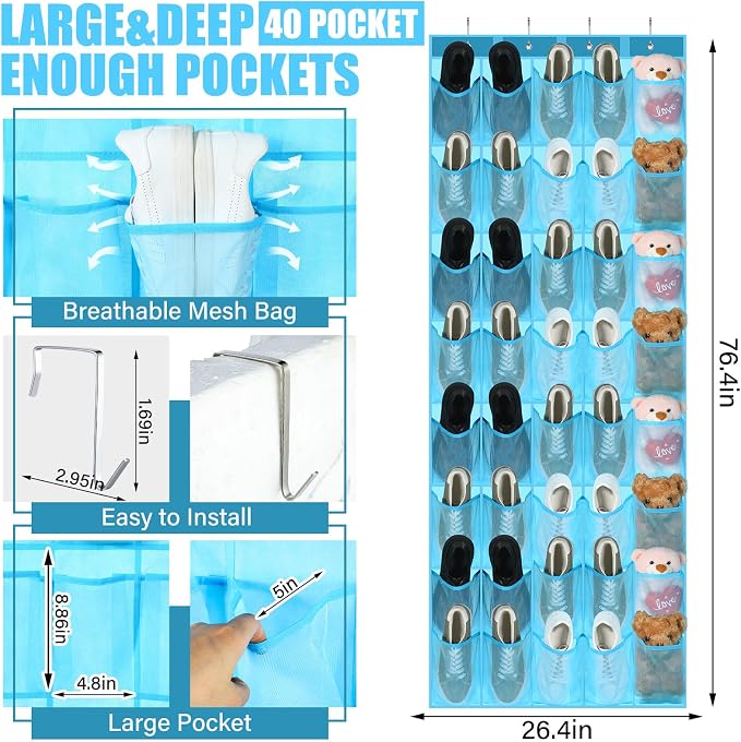 Windyun 40 over the Door Shoe Organizer Large Mesh Pocket Hanging Shoe Rack for Closet Sky Blue Nonslip Behind Door Storage Holder Back to School Organizer for Dorm Room College Classroom Storage