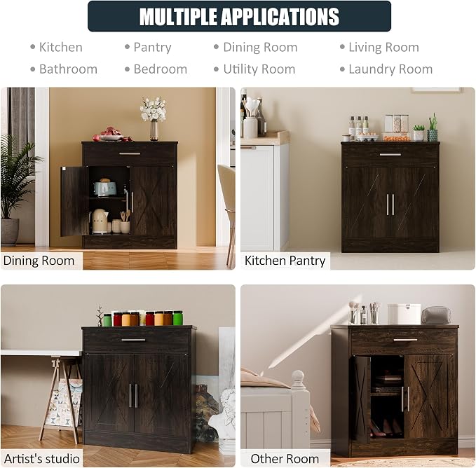 Kitchen Buffet Sideboard Cabinet, Wooden Storage Cabinet with 2 Doors and 1 Drawers, Adjustable Shelf, Modern Farmhouse Coffee Bar Cabinet with Storage for Kitchen, Rustic Brown