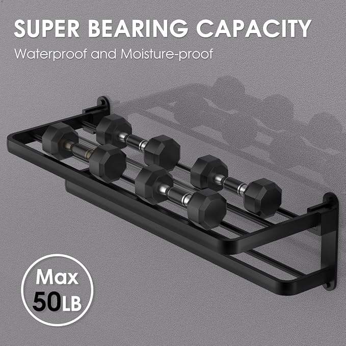 BOZWELL Bathroom Lavatory Towel Rack with Two Towel Bars,16-Inch（40cm） Towel Holder with Shelf BZ305-A (Matte Black)
