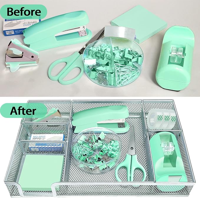 Green Office Desk Accessories Set with Stapler, Tape Dispenser and More | Green Office Supplies Set with Stapler, Tape Dispenser, Scissors, Clips and More for Organized Workspace