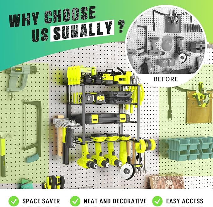 SUNALLY Power Tool Organizer, 4 Drill Holder Wall Mount Tool Storage Rack | Metal Tool Storage Rack with 4 Drill Holders, Heavy Duty Power Tool Shelf for Garage,Warehouse,Workshop, Gift for Men,Husband