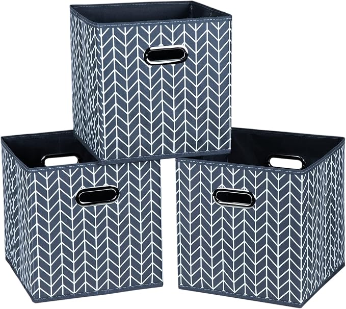 Fabric Cloth Storage Bins,Fabric Cube Organizer with Dual Handles Foldable Cube Storage Baskets for Home Bedroom Storage,Set of 3,(Grey Wave)
