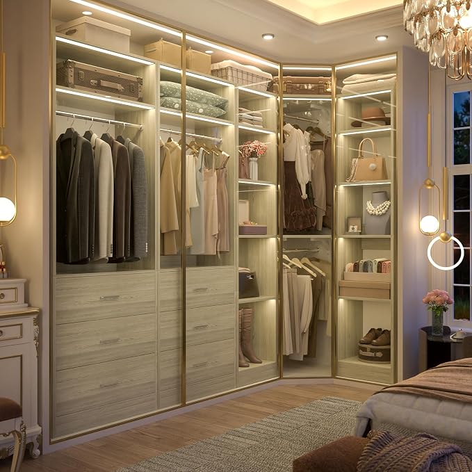 Besiost Corner Closet System with 6 Drawers, Closet Organizer System with 14 Shelves & 4 Hanging Rods, 87.2"L * 39.2"W / 63.2"L * 63.2"W Reversible L Shaped Walk-in Closets, Load 2500+LBS, White Oak