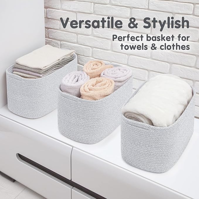 CHAT BLANC Cotton Rope Baskets for Organizing, Shelves, Toys, Storage, Shoe, Bathroom, Laundry, Towel, Nursery, Home Decor, Blanket, Cloth Woven Bins Fabric (Gray7, 15"x10"x9")