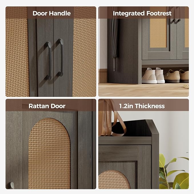 Rattan Shoe Storage Cabinet, Farmhouse Shoe Cabinets Storage for Entryway, Boho Wooden Shoe Rack with 3 Doors for Entryway, Hallway (Black, 3 Door)