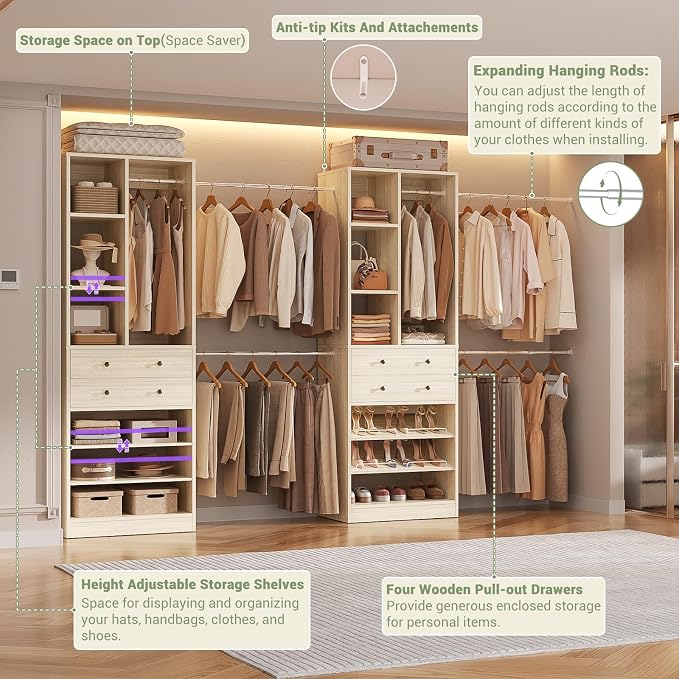 Besiost Closet System, Up to 134"/11.2 FT Closet Organizer with 4 Wooden Drawers and Shelves, Walk-in Closet System with 6 Hanging Rods, Built-in Closet Can Fit 96"/8FT, 120"/10FT, Greige Oak Set 2