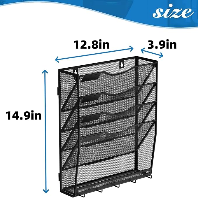 Gawerk 5-Tier Wall File Organizer Hanging Wall File Holder Wall Mount Paper Folder Organize, Mesh Magazine Document Mail Organizer for Office School Home, Black