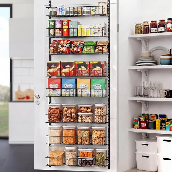 ElegantArray 8-Tier Pantry Door Organizer, Black | Over The Door, Hanging Spice Rack Shelves, Home Office Laundry Room Bathroom & Kitchen, Storage Rack