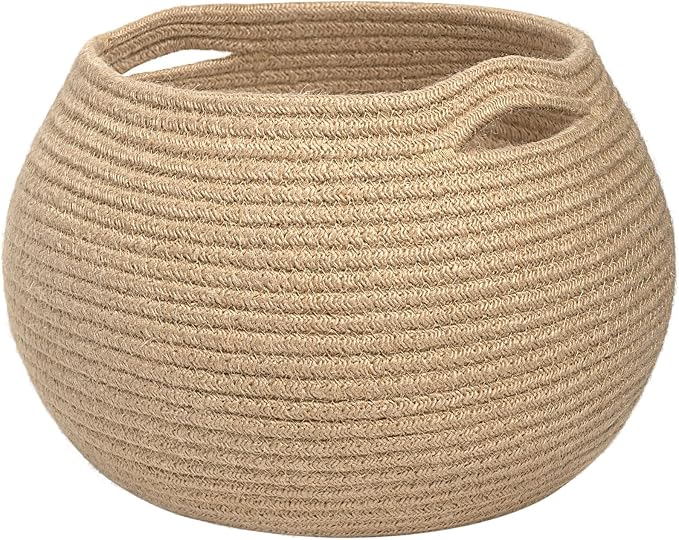 Goodpick Round Small Wicker Storage Basket for Shelves, 10" x 8.3", Jute | Woven Baby Basket with Handles， Decorative Gift Basket, Fits Living Room Nursery Toys & Towels Storage, Plant Baskets Indoor