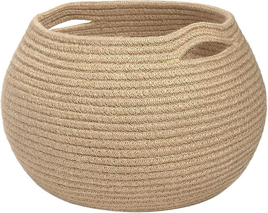 Goodpick Round Small Wicker Storage Basket for Shelves, 10" x 8.3", Jute | Woven Baby Basket with Handles， Decorative Gift Basket, Fits Living Room Nursery Toys & Towels Storage, Plant Baskets Indoor