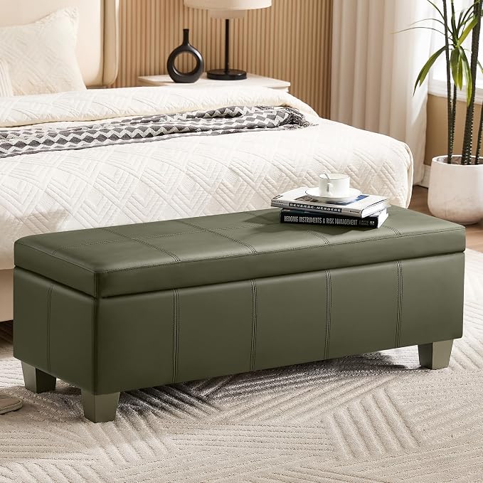 WUTUTUEE 51" Faux Leather Storage Ottoman, Stitch Tufted Rectangle Upholstered End of Bed Storage Bench, Entryway Large Couch Ottoman with Wooden Legs,Green