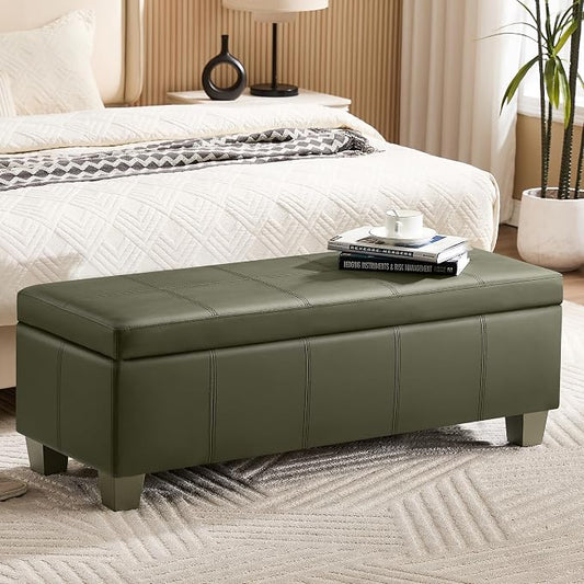 WUTUTUEE 51" Faux Leather Storage Ottoman, Stitch Tufted Rectangle Upholstered End of Bed Storage Bench, Entryway Large Couch Ottoman with Wooden Legs,Green