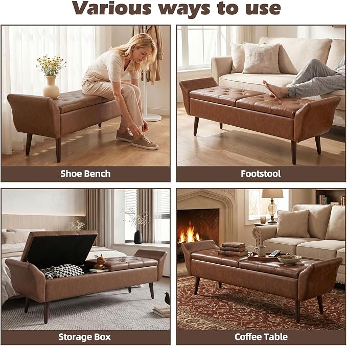 Storage Ottoman Bench 64’’ Leather End of Bed Bench Easy-to-Assemble