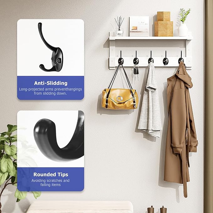 Oraich Wall Hooks with Shelf, Coat Rack Wall Mount for Coat Backpack Key Clothes Hanger, Wall Floating Shelf Hanging in Entryway, Living Room, Bathroom, Bedroom, Kitchen(White)