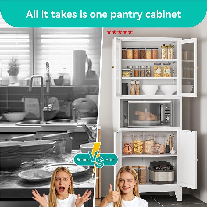 69" Tall Pantry Cabinet with Open Shelf,13.78“Deep By 28" Wide Storage Cabinet with Glass Doors and Adjustable Shelves,Microwave Stand,for Kitchen Dining Room Bathroom,White,1Pc