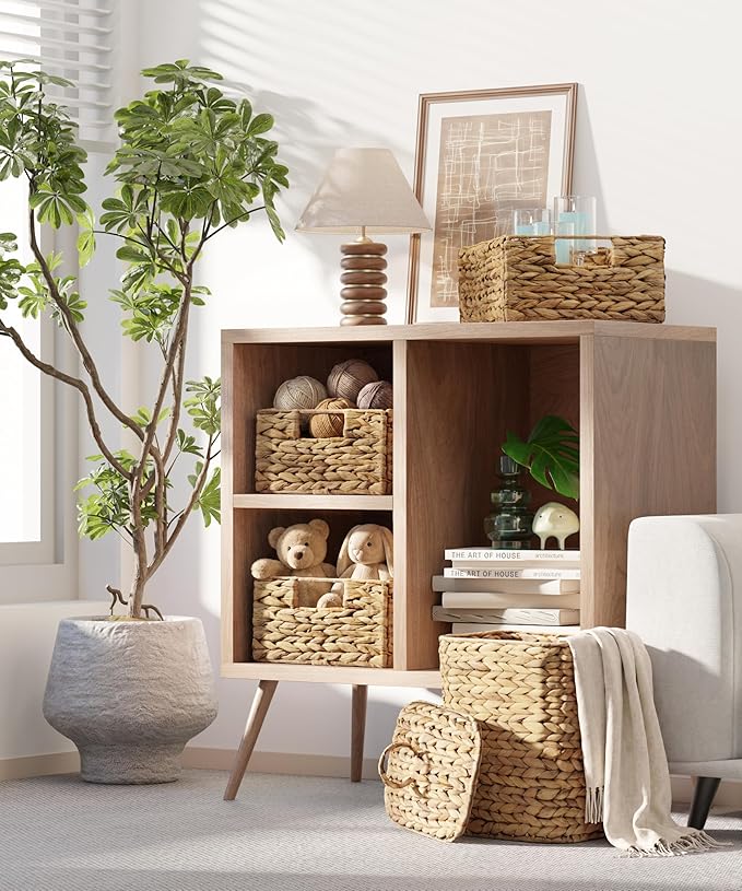 BLUEWEST Water Hyacinth Storage Baskets (Set of 6) – Woven Hyacinth Organizer with Carrying Handles, Laundry Basket for Organizing, Rattan Bin for Shelves