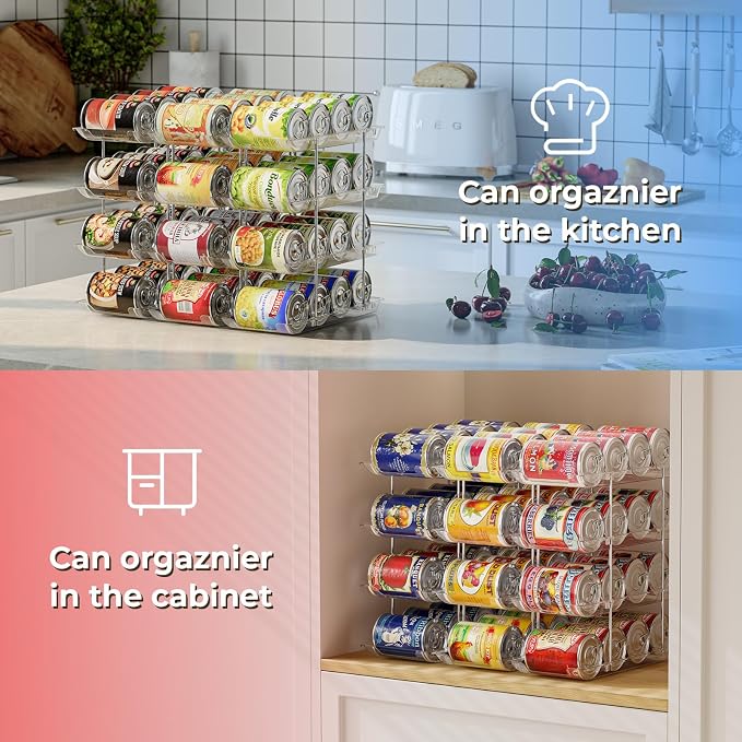 Can Organizer for Pantry Stackable 4 Tiers Can Storage Organizer Pantry Soda Can Organizer for Fridge 48 Cans Rack Automatic Rolling Canned Food Organizer for Refrigerator Kitchen Clear