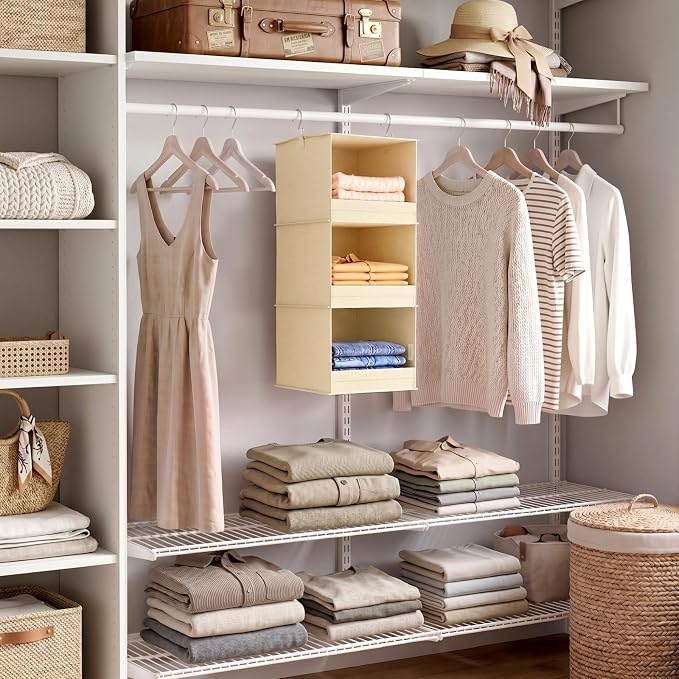 Lifewit 3 Tier Hanging Clothes Storage Organizer for RV, 1 Pack, Beige | Front Anti-Slip Closet Storage Hanger with 2 Sturdy Hooks, Vertical Foldable Sweater Organization for Shelf, Wardrobe, Dorm