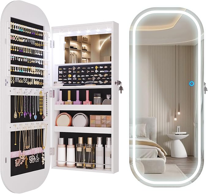 LED Mirror Jewelry Cabinet, Over the Door Jewelry Armoire Organizer | 42" Full Length Mirror with Storage, Built-in Makeup Mirror, Lockable Wall Mounted Jewelry Mirror for Women, Girls, White