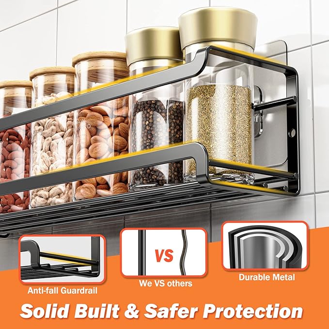 Bunoxea Spice Rack Wall Mounted 2 Pack, Black,11.41x2.75x2.75in | 2 Removalble Hooks,Screw or Adhesive Hanging,Space-Saving,For Kitchen Cabinet, Pantry Door,Stove,RV
