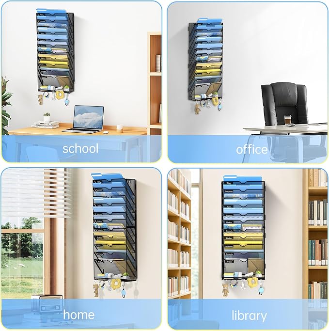 12-Tier Wall File Organizer with Hooks, Hanging File Organizer | Metal Mesh Mail Organizer, Wall Mounted File Organizer for Home, Classroom, Office Organization