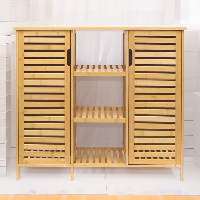 RoyalHouse Bamboo Floor Cabinet with 2 Shutter Doors and 3 Open Shelves, Freestanding Organizer for Bathroom, Kitchen, Living Room, Eco-Friendly and Durable, Brown