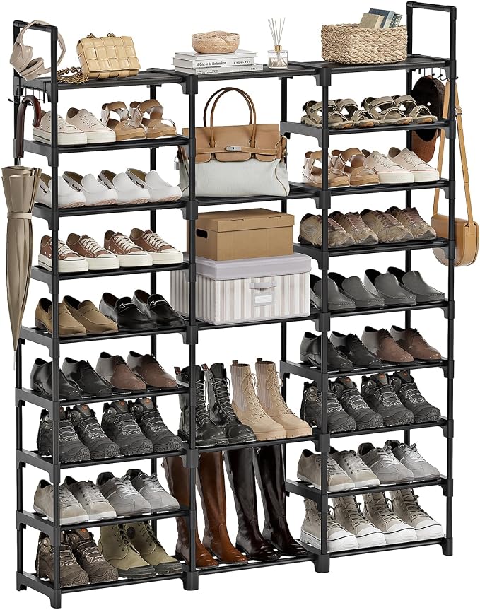 WOWLIVE 9 Tier 3-Column Shoe Rack, 50-55 Pairs Stackable Black | 50in long for larger entryways. Removable shelves fit tall boots. Split into multiple units for garage/closet.