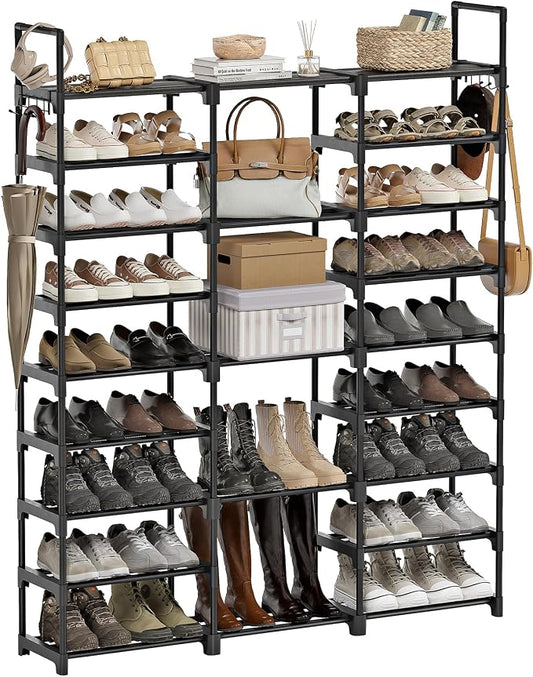 WOWLIVE 9 Tier 3-Column Shoe Rack, 50-55 Pairs Stackable Black | 50in long for larger entryways. Removable shelves fit tall boots. Split into multiple units for garage/closet.