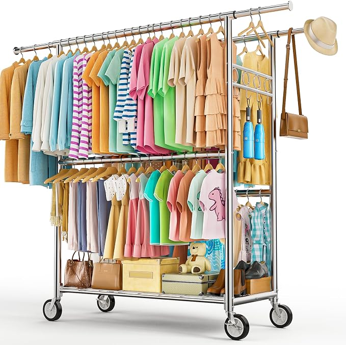 Heavy Duty Clothes Rack Load 1060LBS, Four Rods Rolling Clothing Racks for Hanging Clothes, Rolling Garment Rack With Sturdy Wheels Shelves Hooks, Portable & Adjustable Commercial Garment Rack, Silver