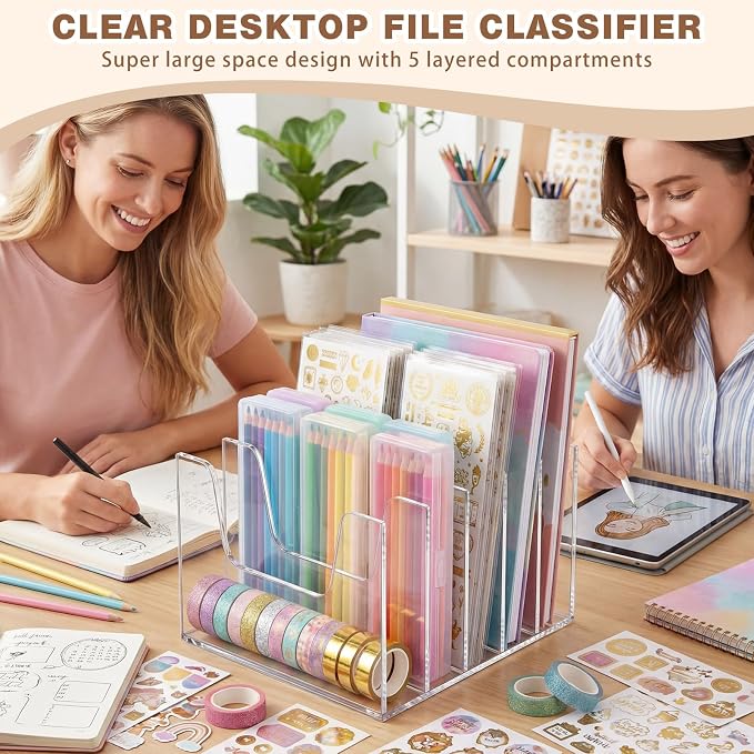 2 Pack 5 Section Clear Acrylic Desktop File Organizer Vertical File Sorter 4mm Thick, Large Capacity Upright Magazine Organizer, Book Paper, Notebooks, Envelopes, Mail Holder