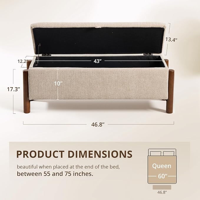 47'' Modern Storage Ottoman Benches with Walnut Wood Legs Ottoman Bench with 22 Gallons Storage Space Fabric Upholstered Seating End of Bed Bench for Bedroom for Livingroom Khaki